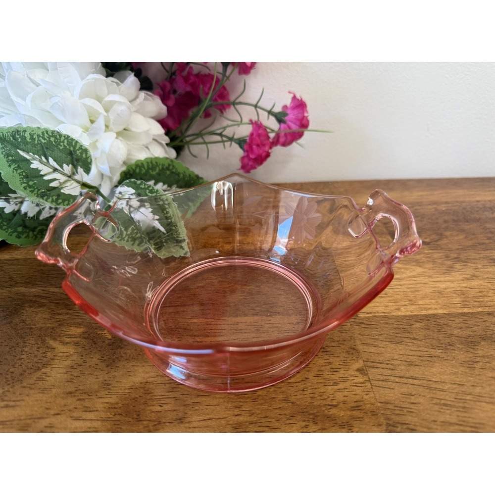 Vintage Pink Depression Glass Handled Dish Etched Floral Design Serving Bowl‎